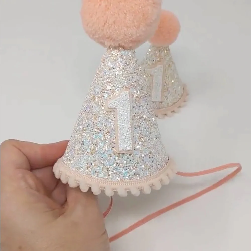 One Year Old Sparkling Party Hat for Kids -light pink